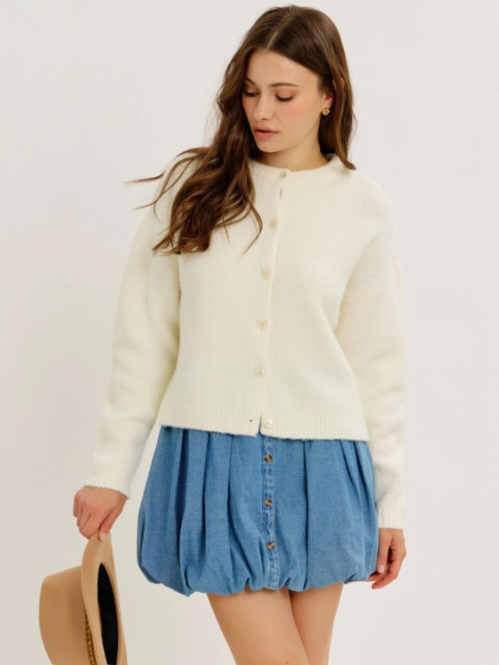 Idem Ditto Cream Fuzzy Knit Button Front Crew Neck Cardigan Sweater NWT